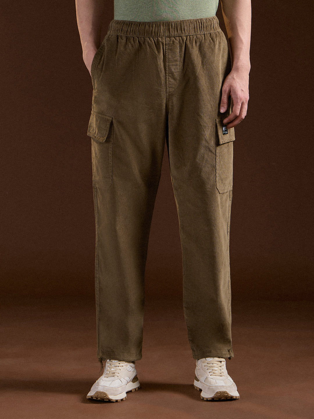 Men Khaki Solid Baggy Fit Stylish Corduroy Cargo Pant