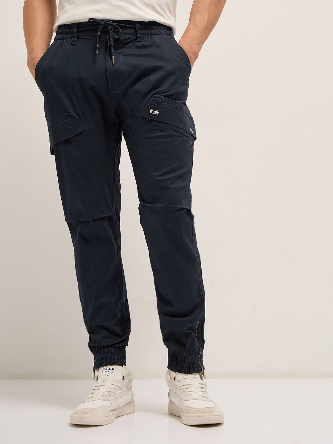 Men Navy Blue Cotton Relaxed Fit Cargo Pants