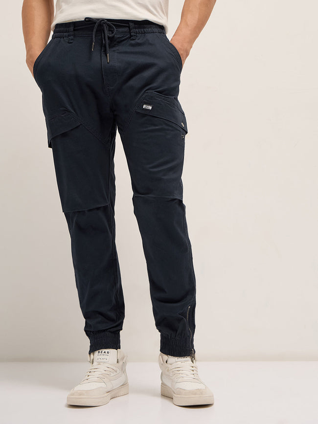 Men Navy Blue Cotton Relaxed Fit Cargo Pants