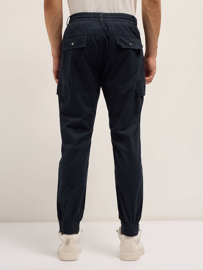 Men Navy Blue Cotton Relaxed Fit Cargo Pants