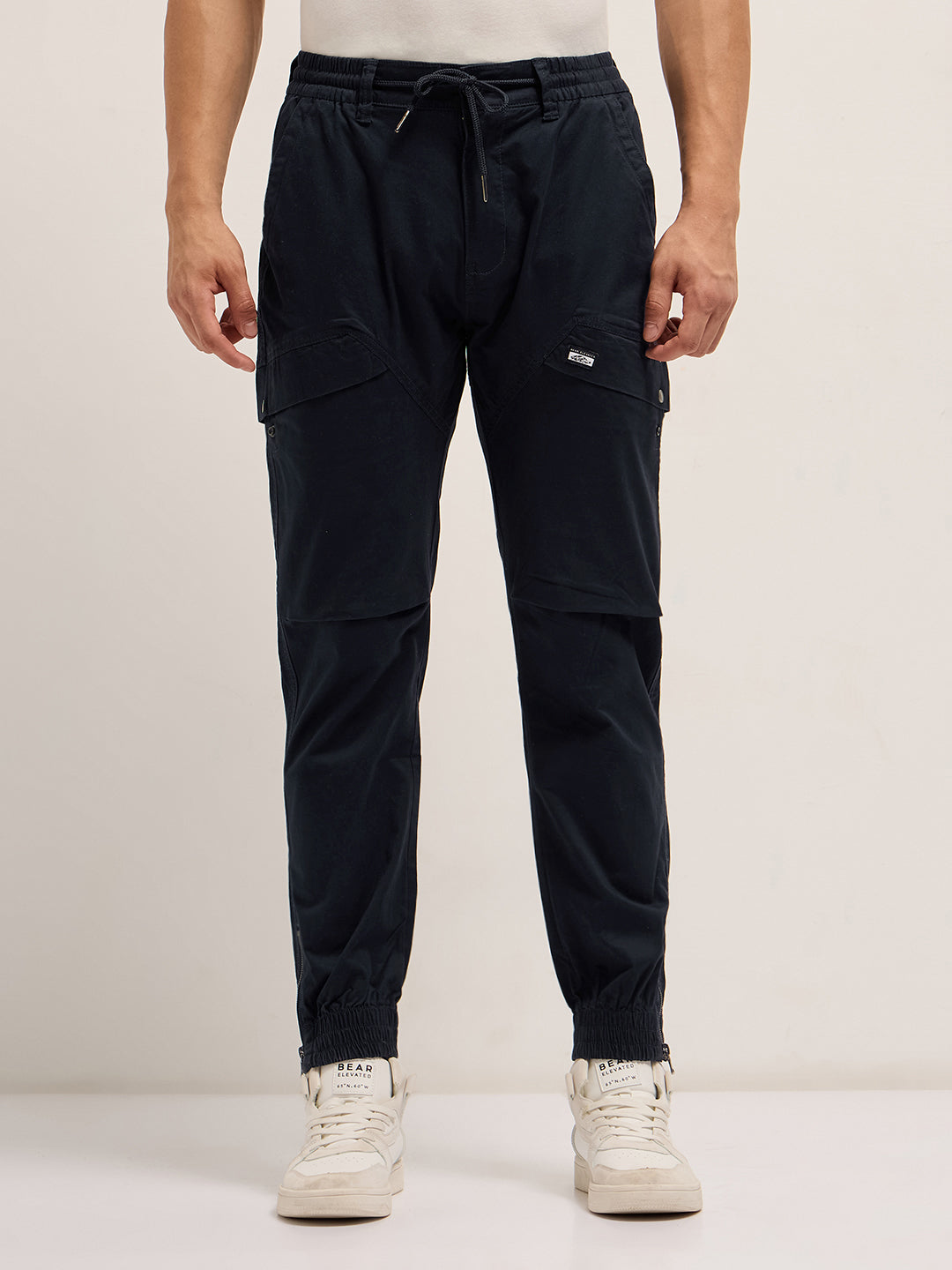 Men Navy Blue Cotton Relaxed Fit Cargo Pants