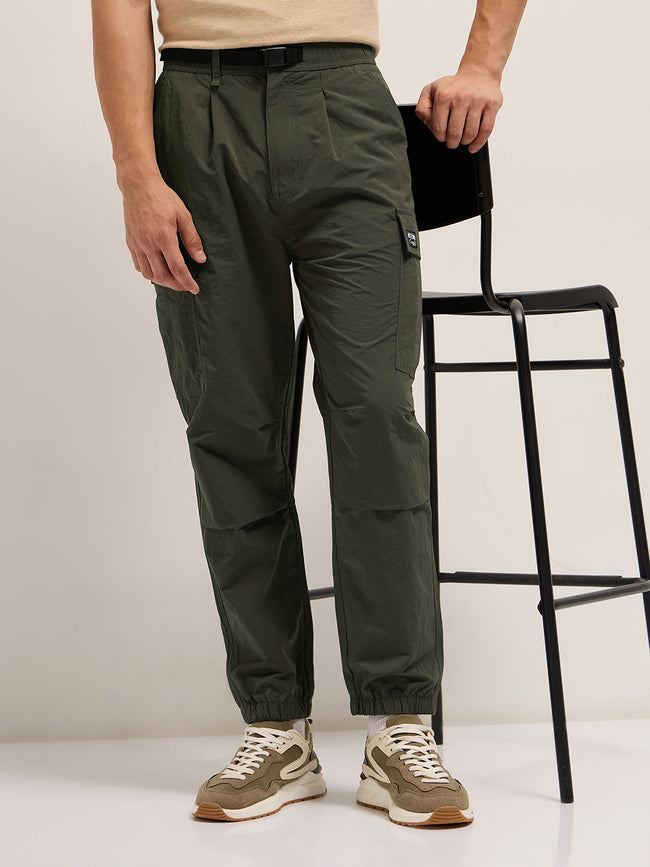 Men Olive Nylon Relaxed Fit Cargo Pants
