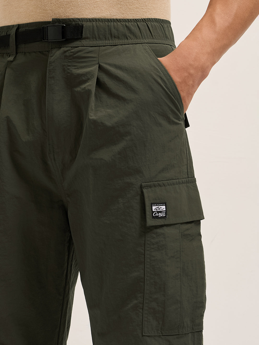 Men Olive Nylon Relaxed Fit Cargo Pants