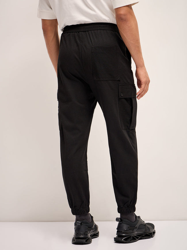 Men Black Self Design Regular Fit Cargo Pant