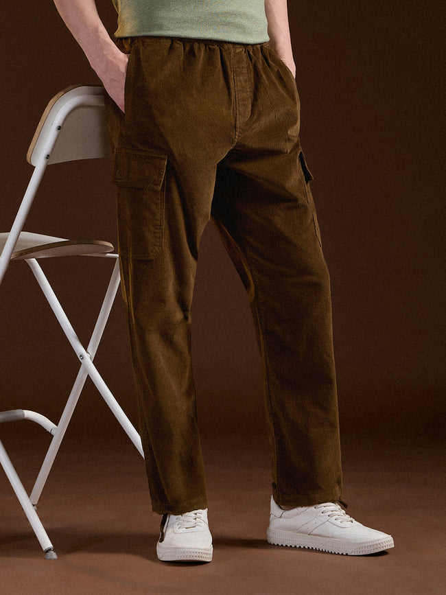 Men Brown Solid Baggy Fit Stylish Corduroy Cargo Pant