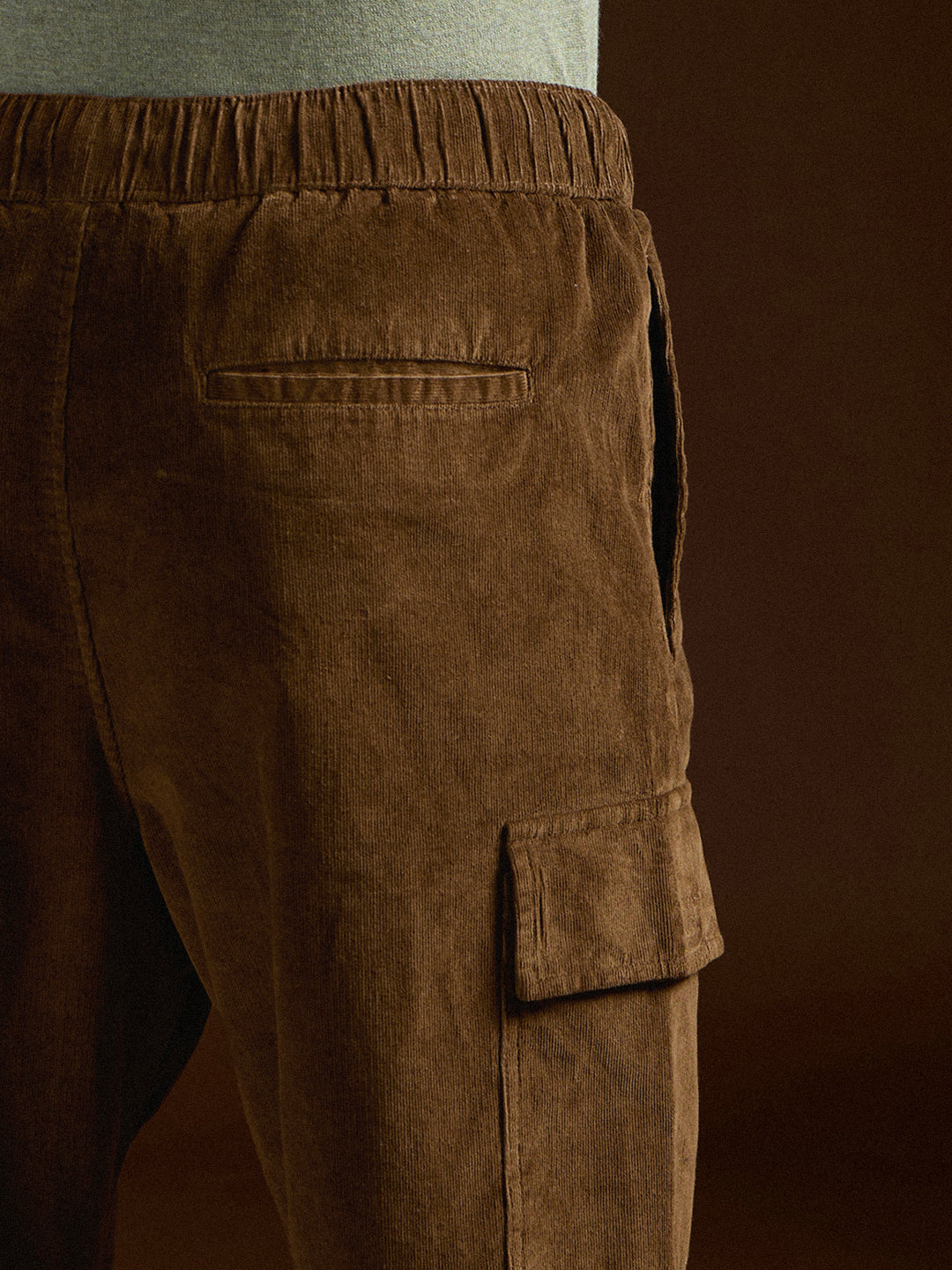 Men Brown Solid Baggy Fit Stylish Corduroy Cargo Pant
