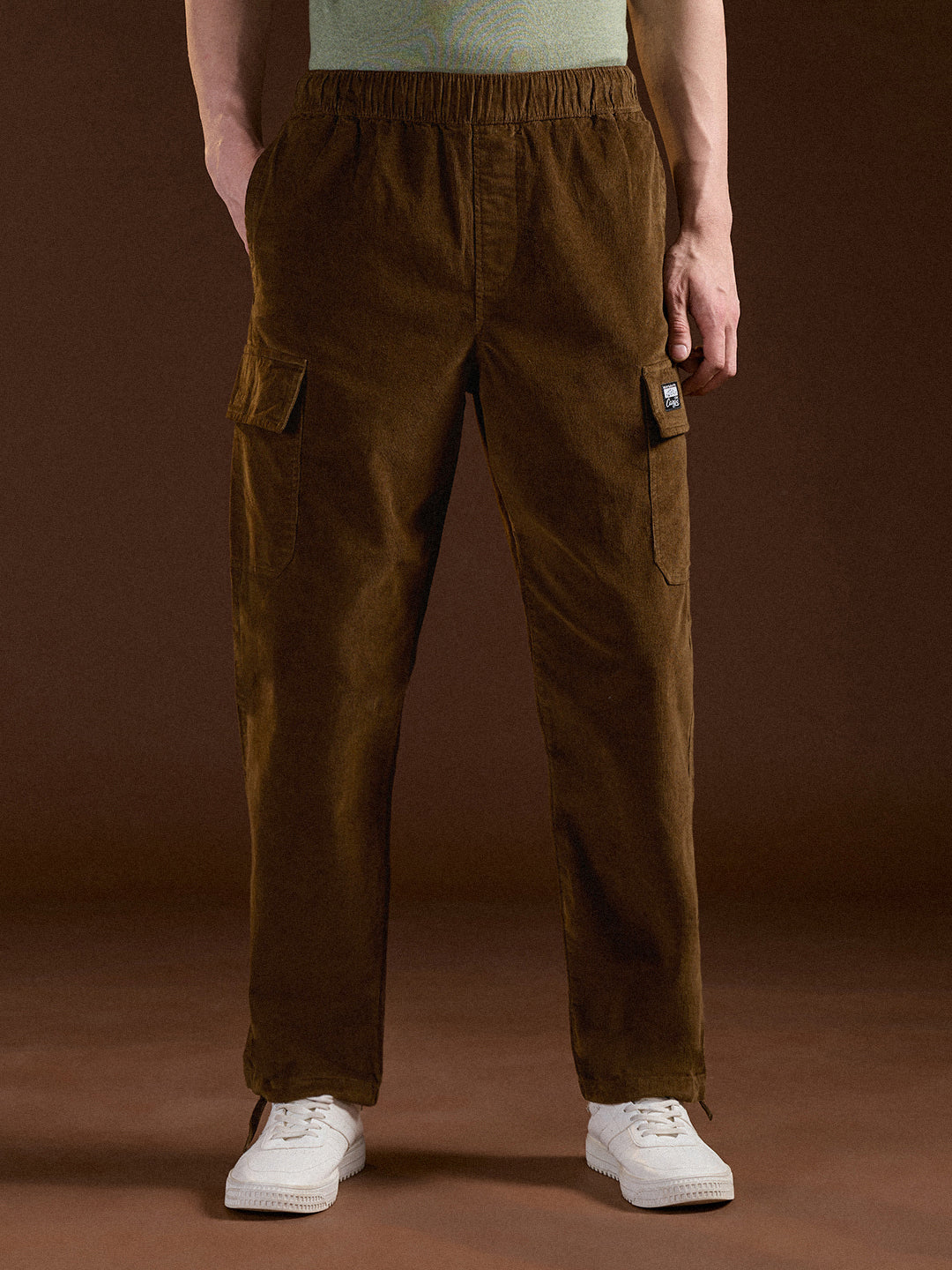 Men Brown Solid Baggy Fit Stylish Corduroy Cargo Pant