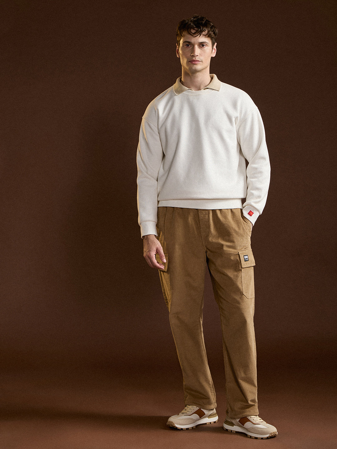 Men Brown Solid Baggy Fit Stylish Corduroy Cargo Pant