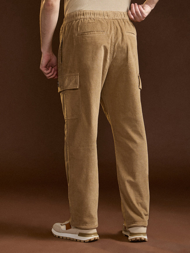 Men Brown Solid Baggy Fit Stylish Corduroy Cargo Pant