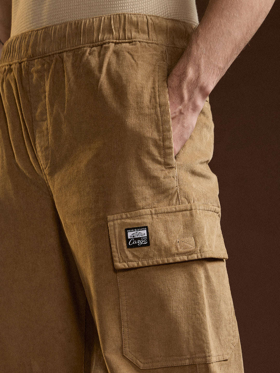 Men Brown Solid Baggy Fit Stylish Corduroy Cargo Pant