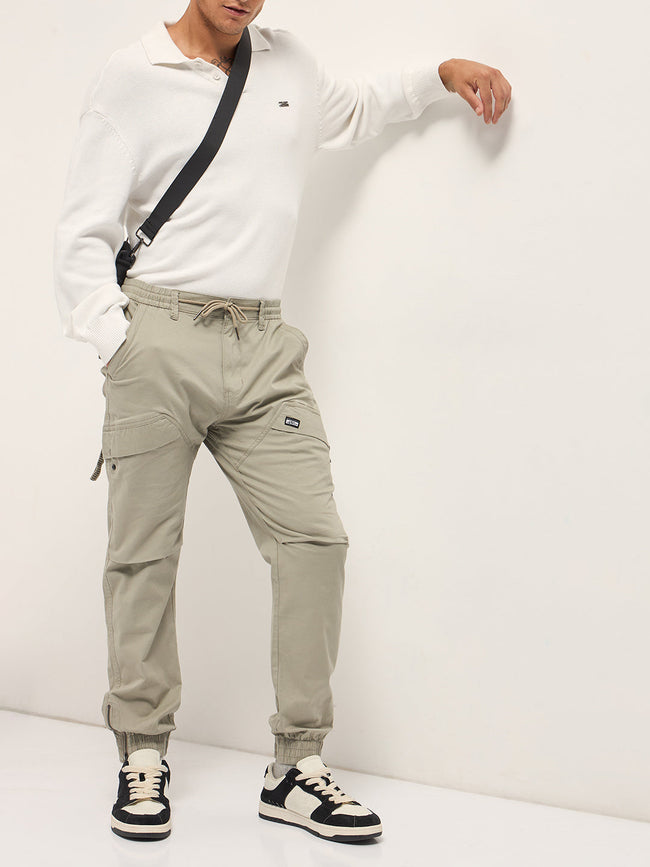Men Beige Cotton Relaxed Fit Cargo Pants