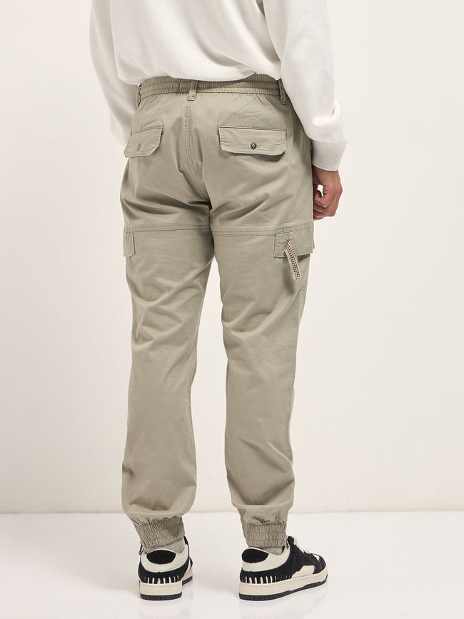Men Beige Cotton Relaxed Fit Cargo Pants