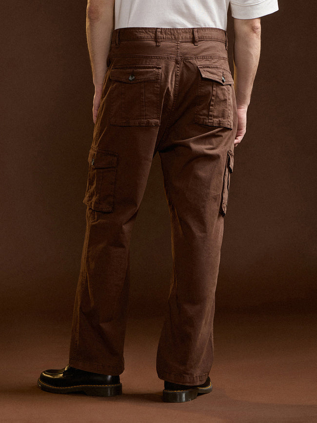 Men Brown Solid Straight Fit Cargo Pant