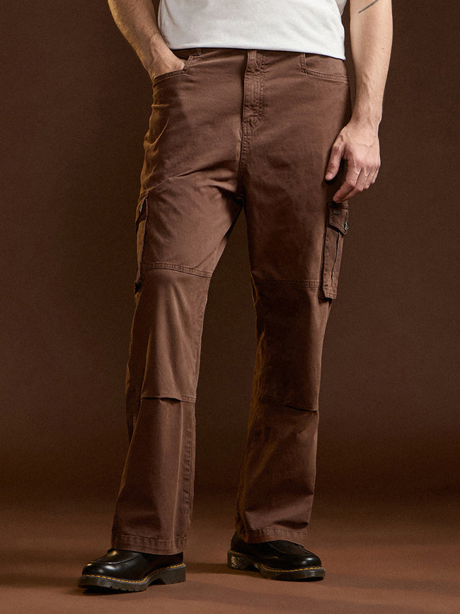 Men Brown Solid Straight Fit Cargo Pant