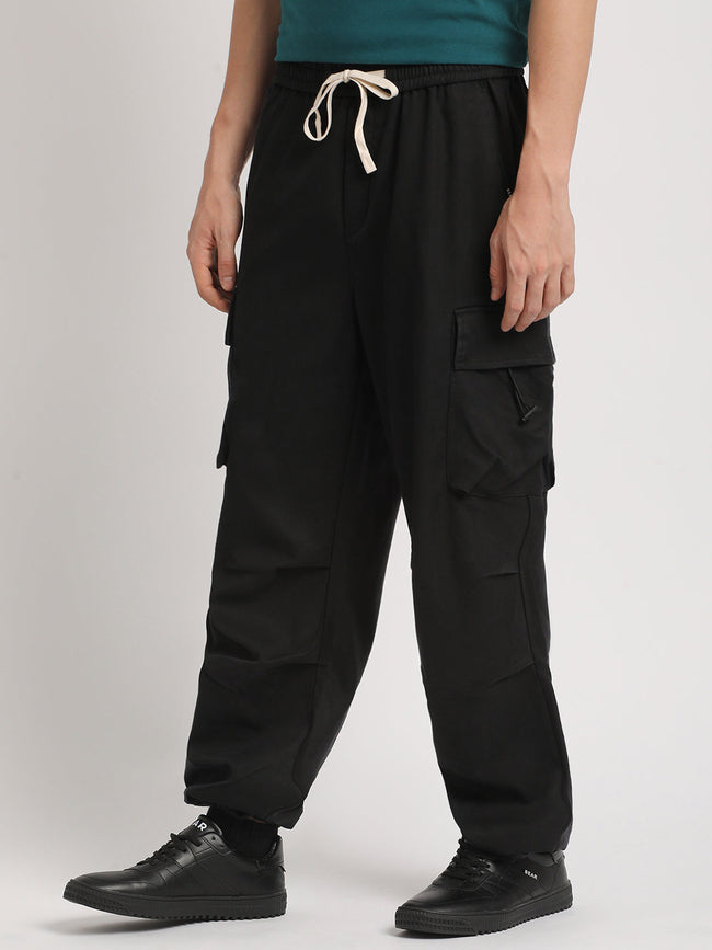 Men Black Solid Loose Fit Cargo