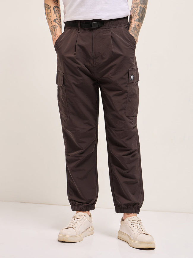 Men Brown Nylon Relaxed Fit Cargo Pants