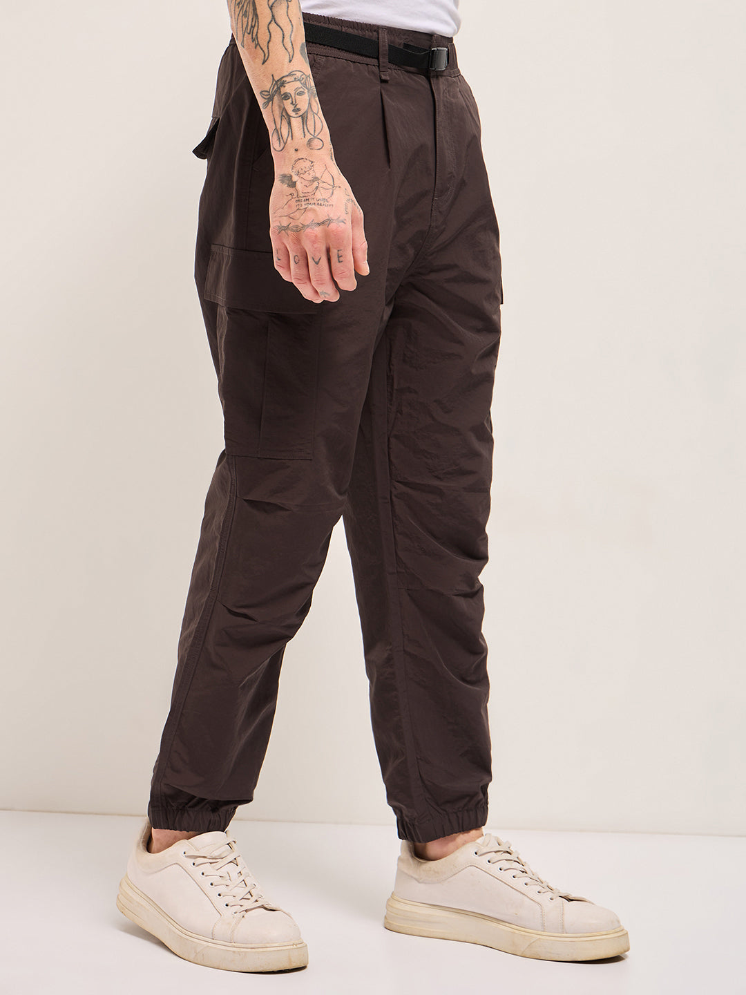 Men Brown Nylon Relaxed Fit Cargo Pants