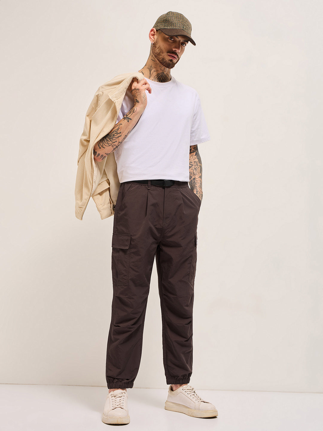 Men Brown Nylon Relaxed Fit Cargo Pants