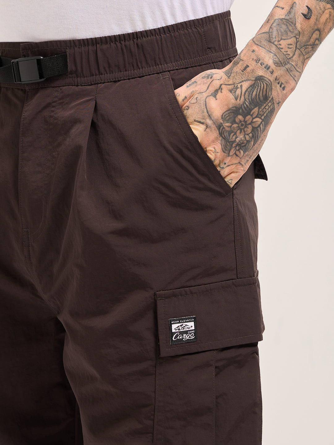 Men Brown Nylon Relaxed Fit Cargo Pants