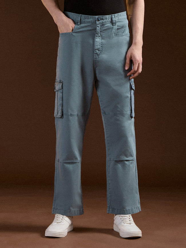Men Teal Solid Straight Fit Functional & Stylish Cargo Pant