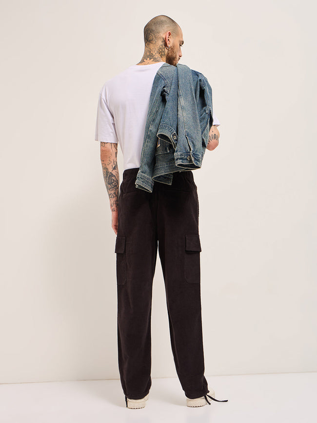 Men Dark Grey Solid Baggy Fit Stylish Corduroy Cargo Pant