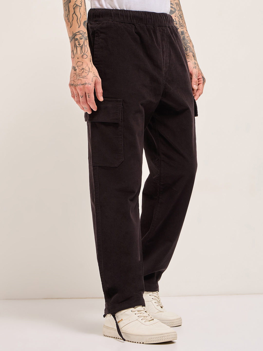 Men Dark Grey Solid Baggy Fit Stylish Corduroy Cargo Pant