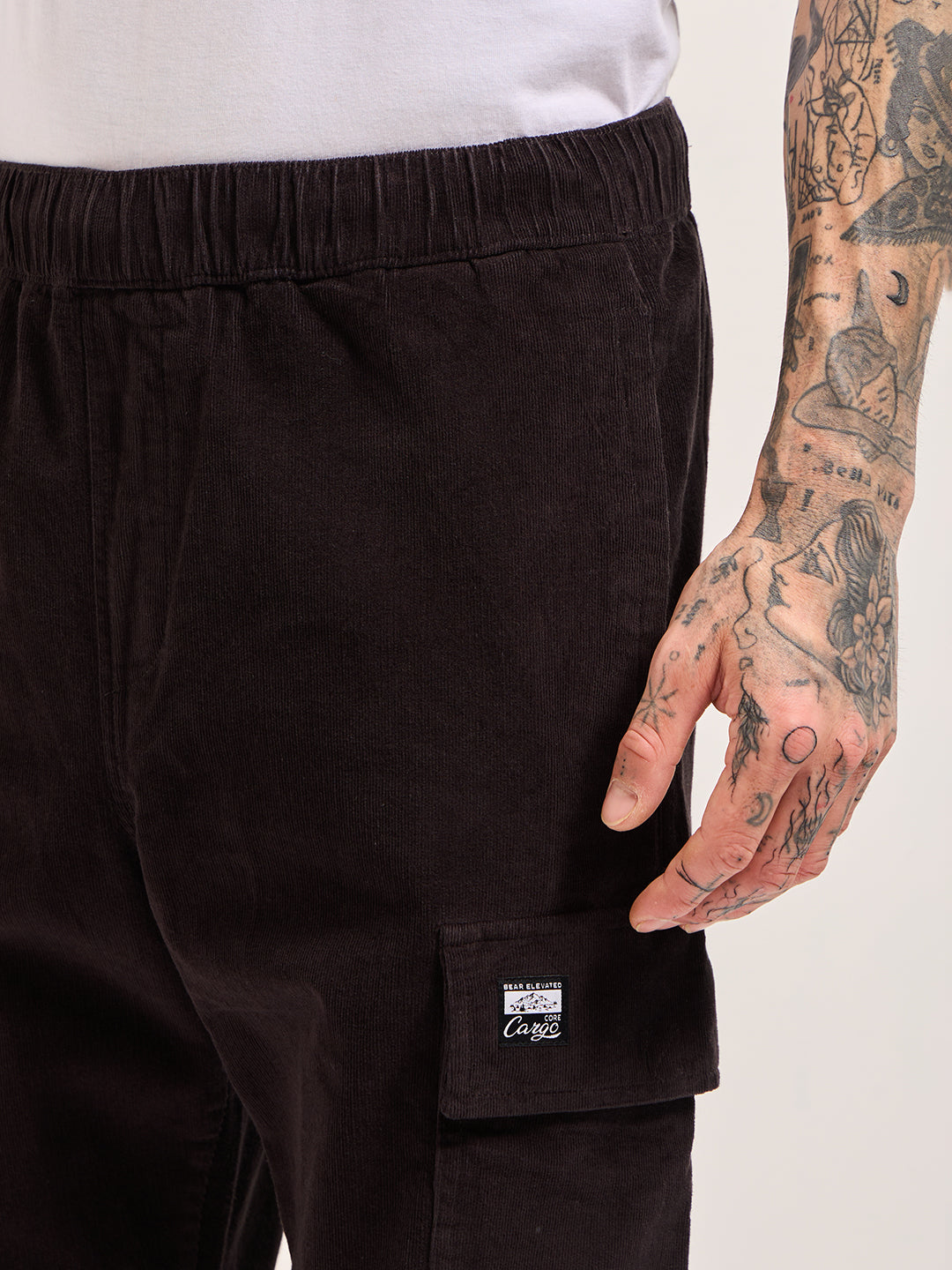 Men Dark Grey Solid Baggy Fit Stylish Corduroy Cargo Pant