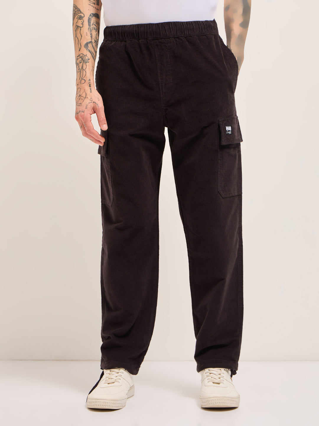 Men Dark Grey Solid Baggy Fit Stylish Corduroy Cargo Pant