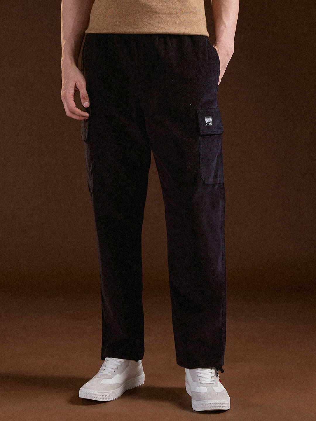 Men Navy Blue Solid Baggy Fit Stylish Corduroy Cargo Pant