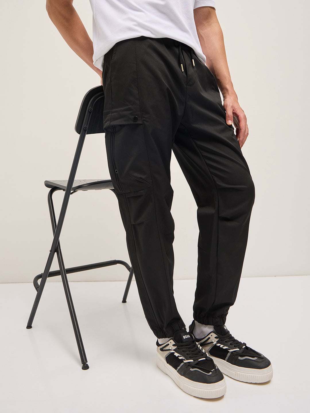 Men Black Relaxed Fit Polyester Cargo Pants
