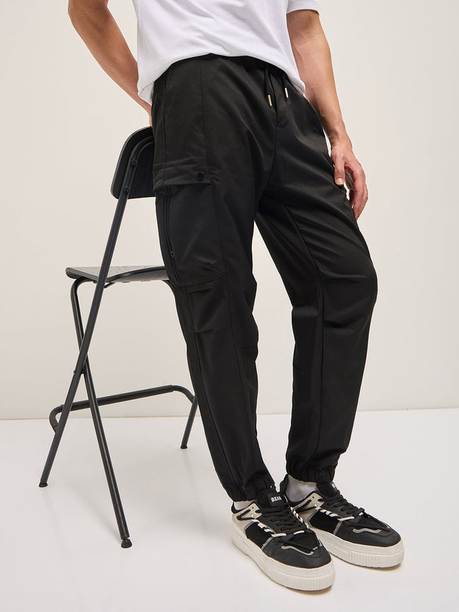 Men Black Relaxed Fit Polyester Cargo Pants