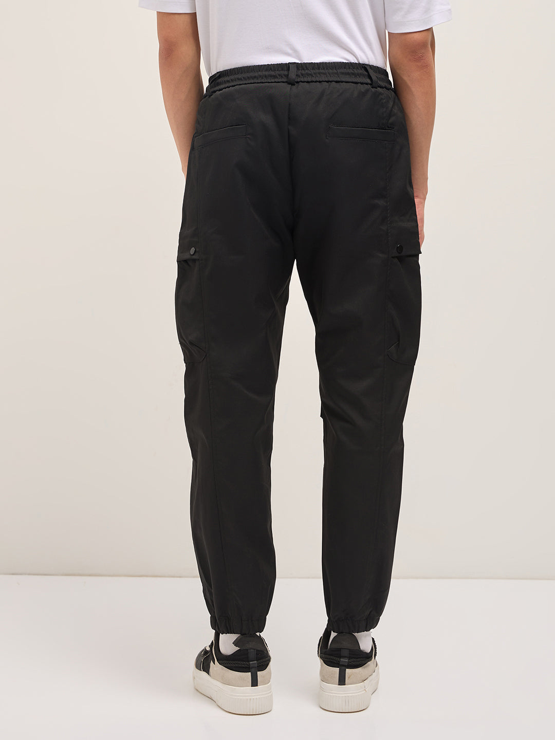 Men Black Relaxed Fit Polyester Cargo Pants