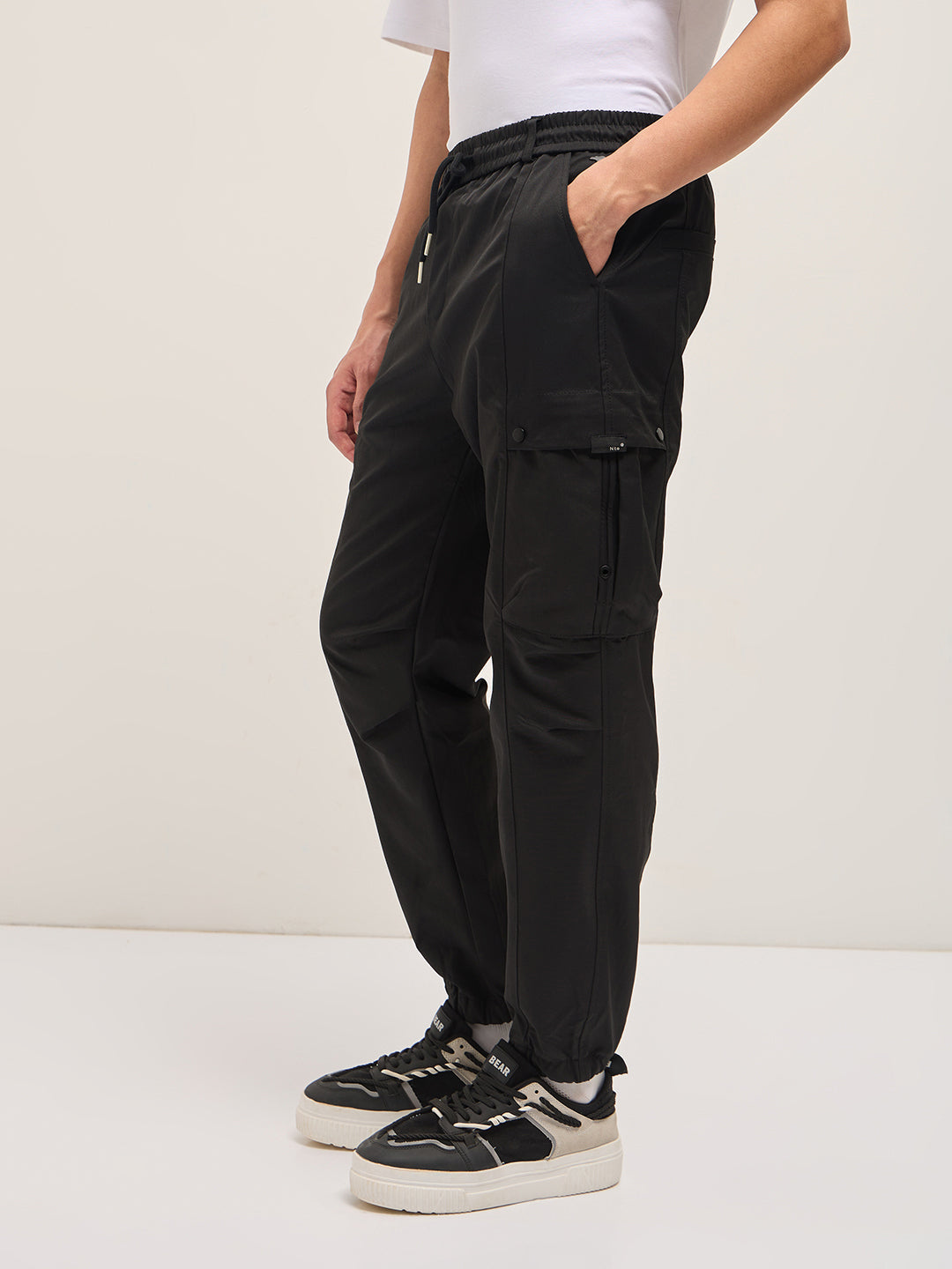 Men Black Relaxed Fit Polyester Cargo Pants