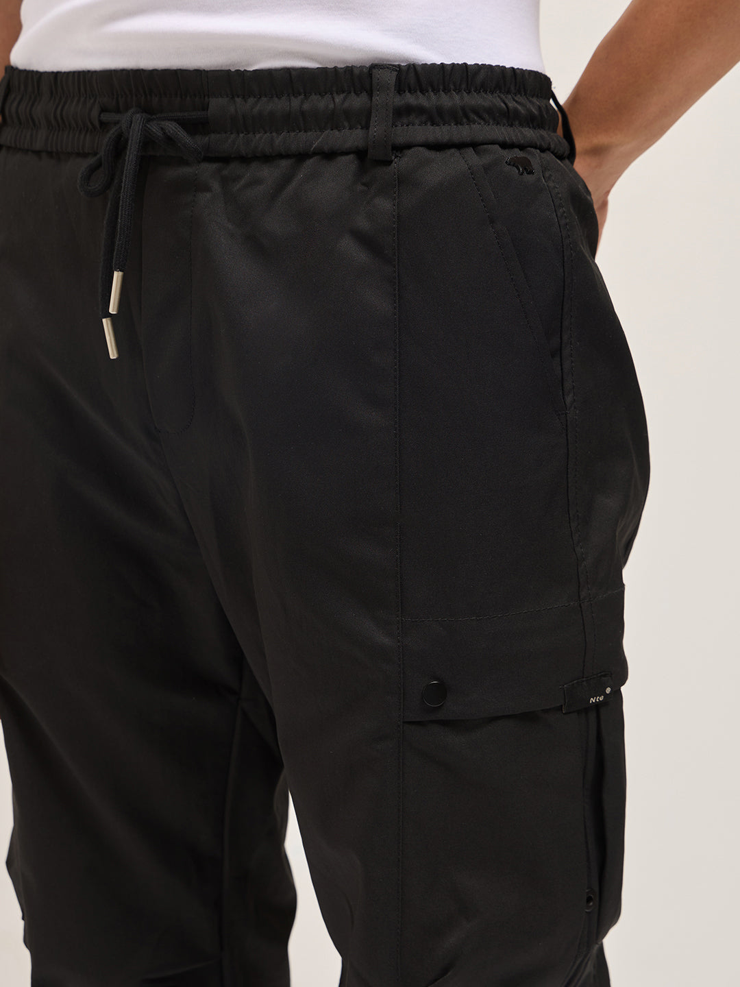 Men Black Relaxed Fit Polyester Cargo Pants