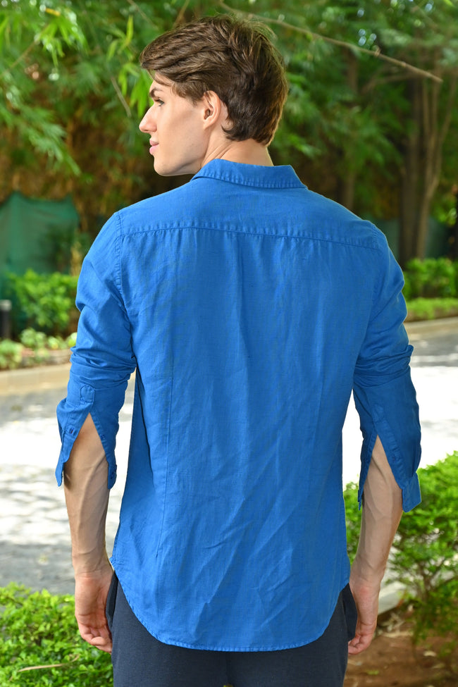 Men Goofy Cotton Linen Shirt Blue