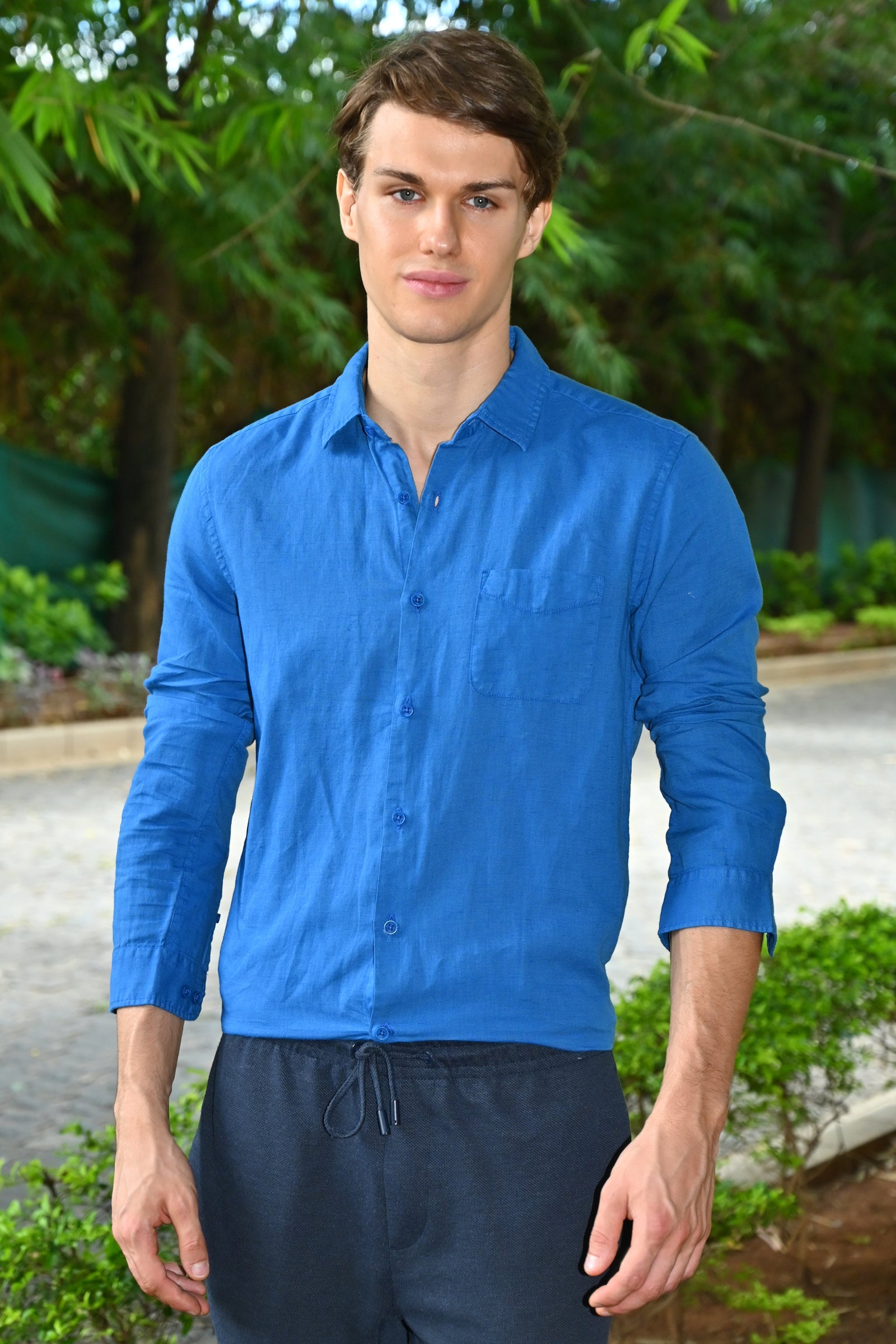 Men Goofy Cotton Linen Shirt Royal Blue