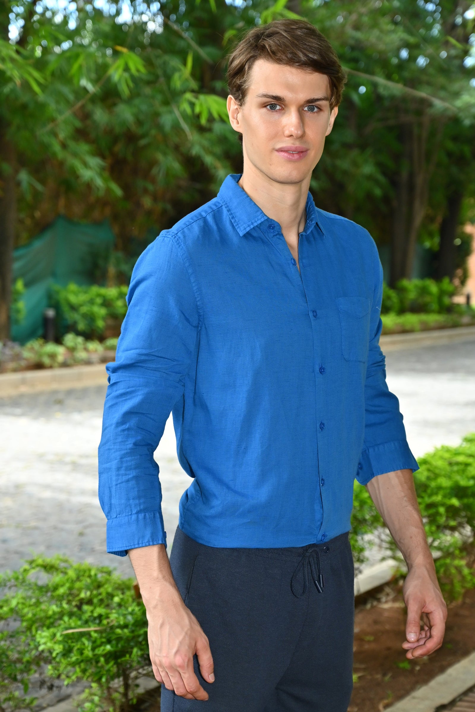 Men Goofy Cotton Linen Shirt Royal Blue