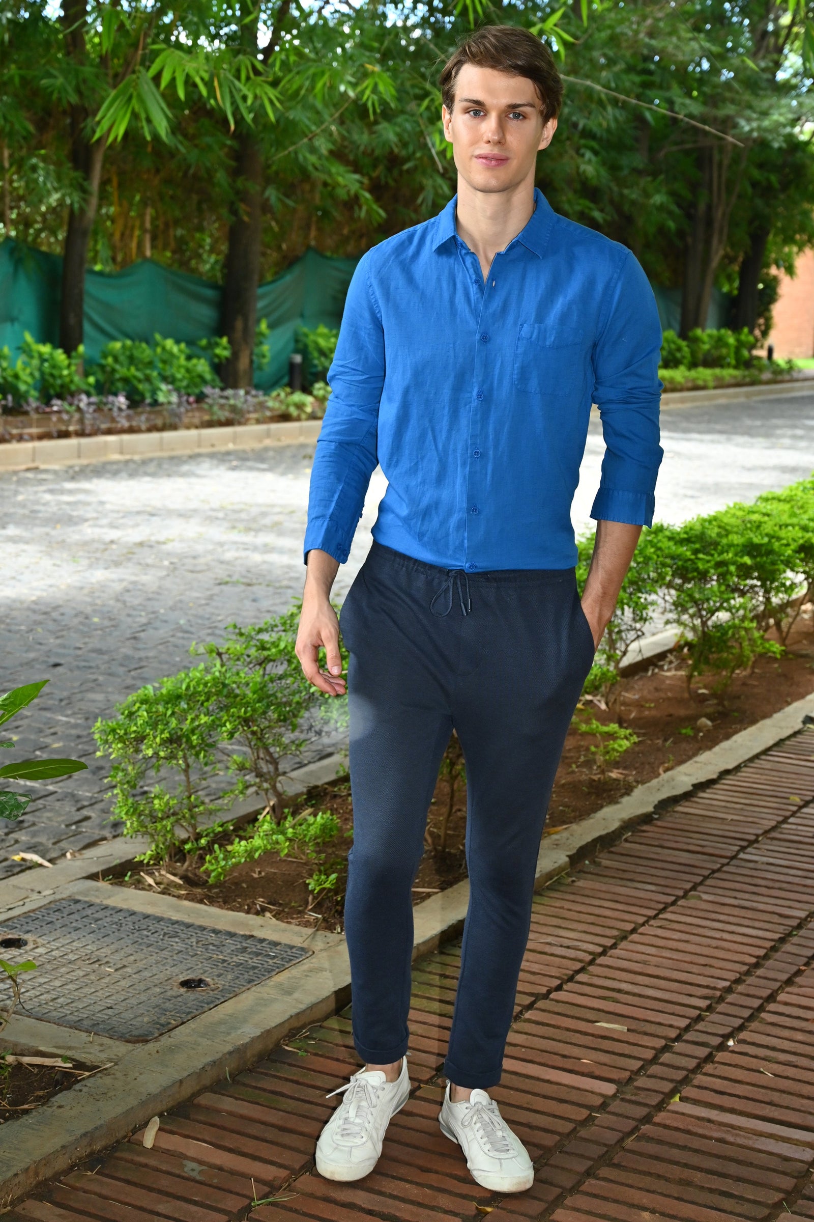 Men Goofy Cotton Linen Shirt Royal Blue