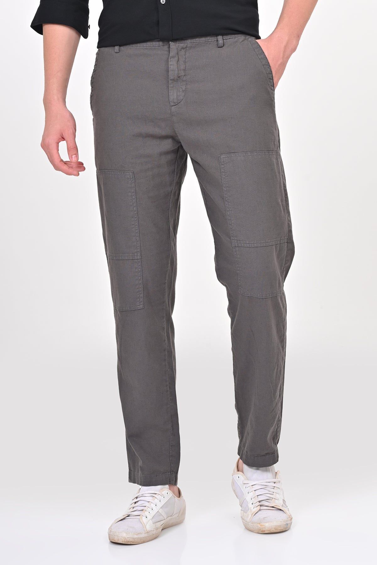 Men Ivory Linen Detailed Trouser Dk Grey
