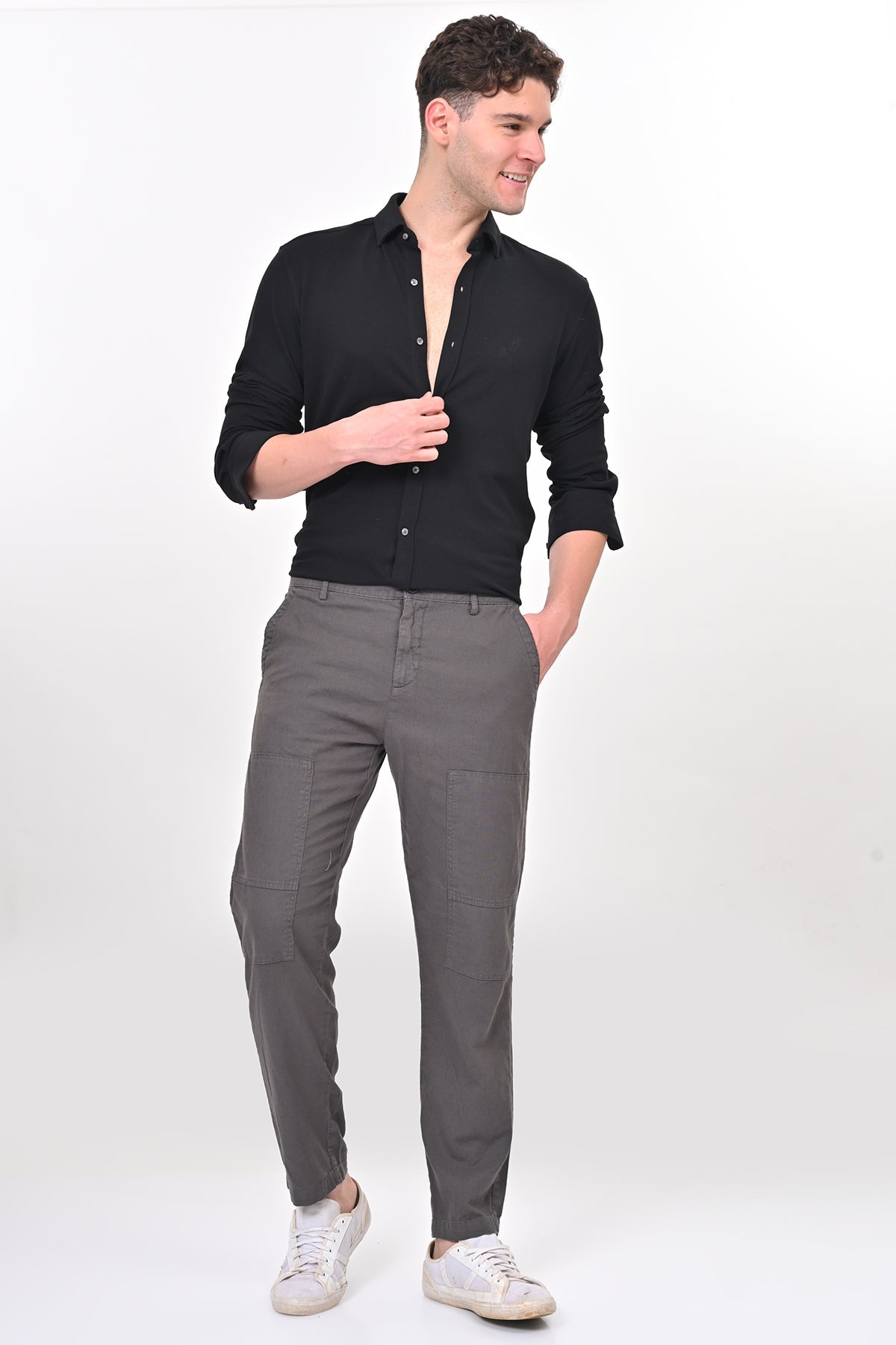 Men Ivory Linen Detailed Trouser Dk Grey