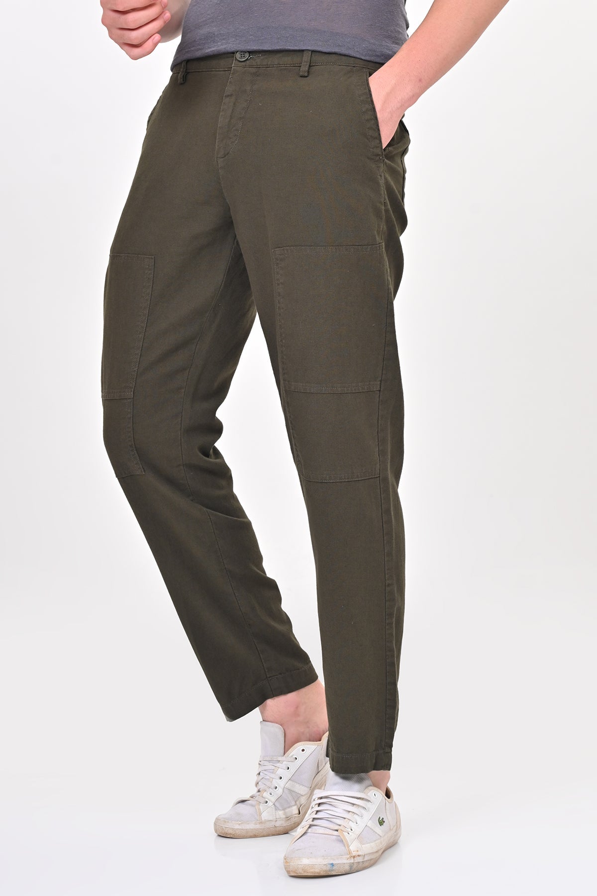 Men Ivory Linen Detailed Trouser Olive
