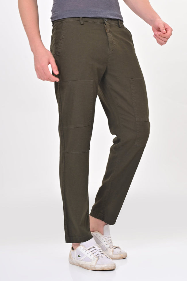 Men Ivory Linen Detailed Trouser Olive