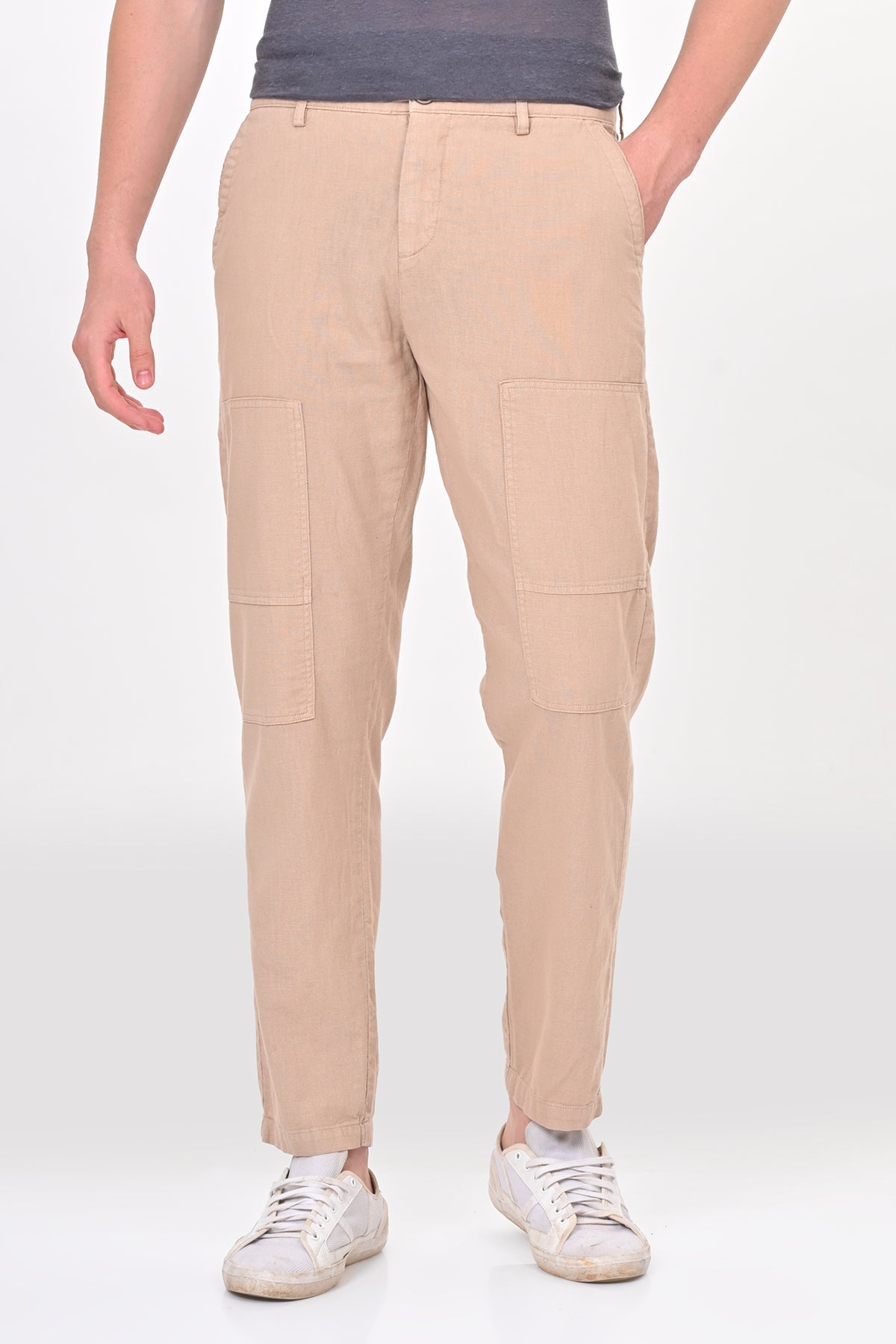 Men Ivory Linen Detailed Trouser Beige