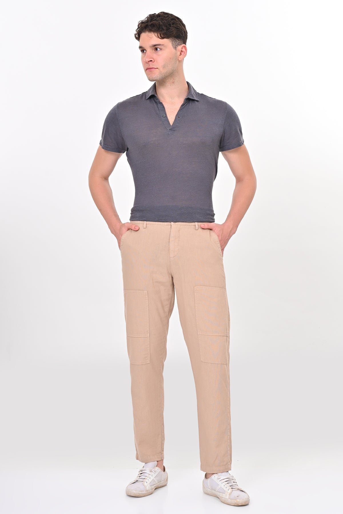 Men Ivory Linen Detailed Trouser Beige