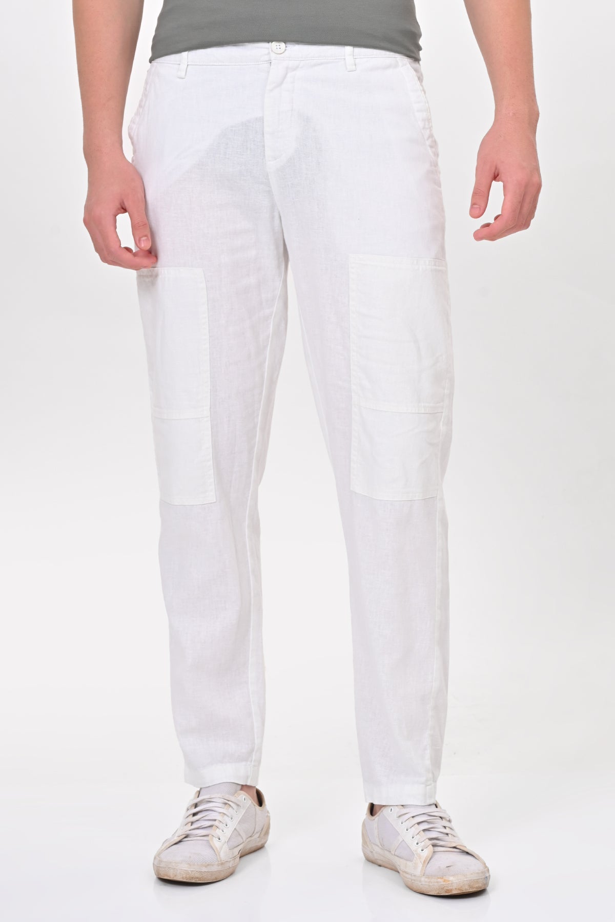 Men Ivory Linen Detailed Trouser White