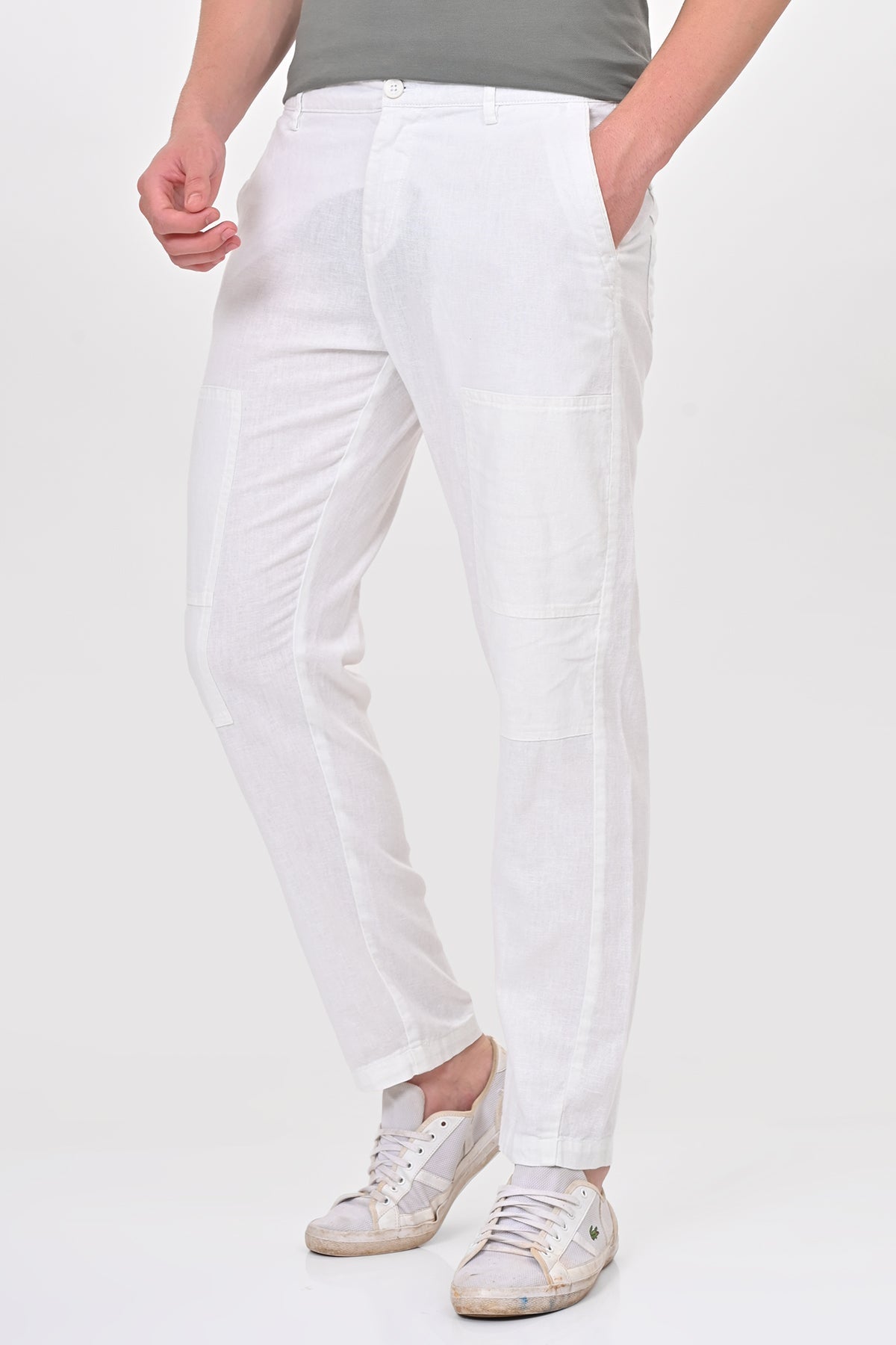 Men Ivory Linen Detailed Trouser White