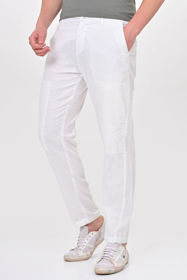 Men Ivory Linen Detailed Trouser White