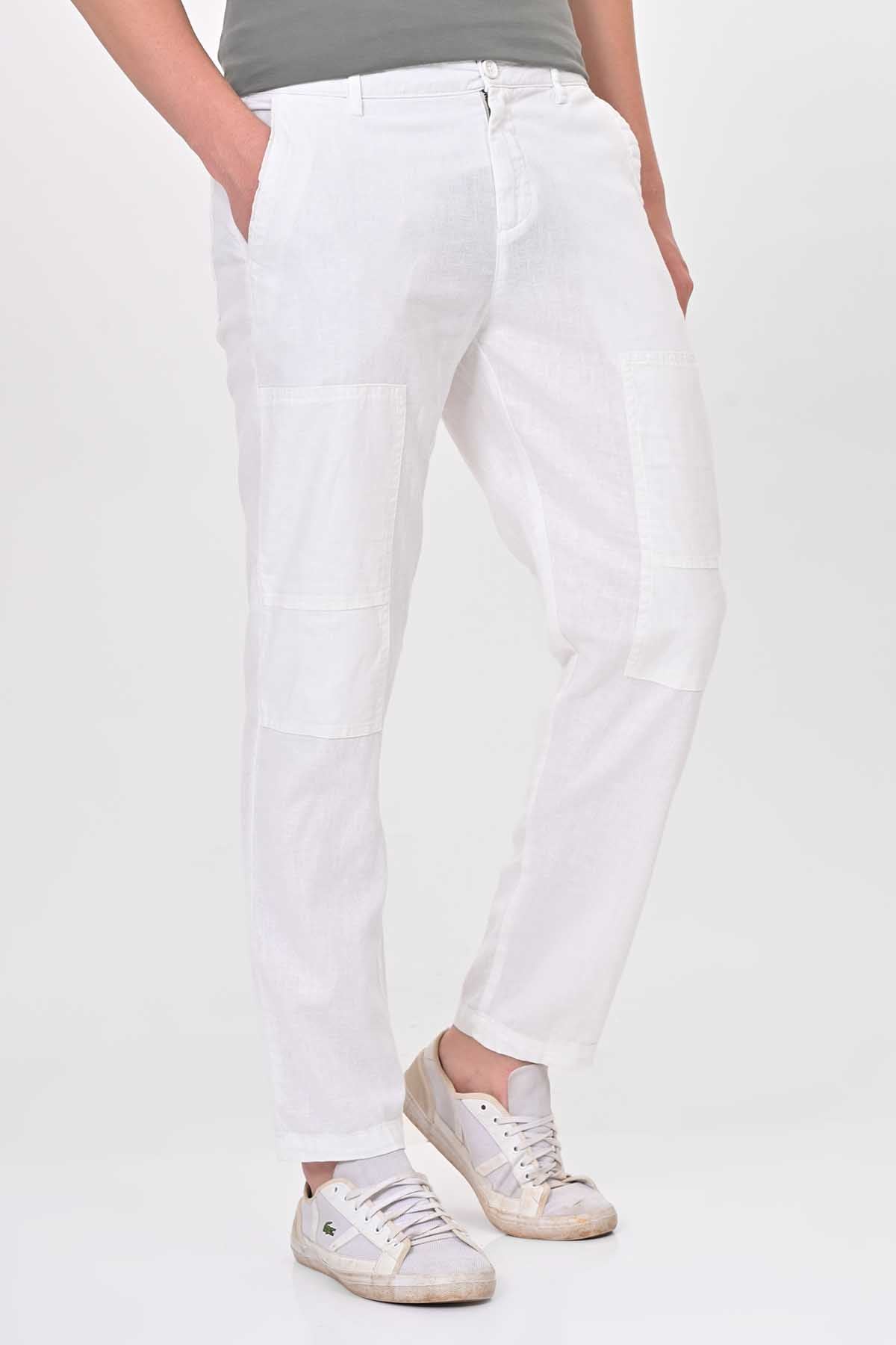 Men Ivory Linen Detailed Trouser White