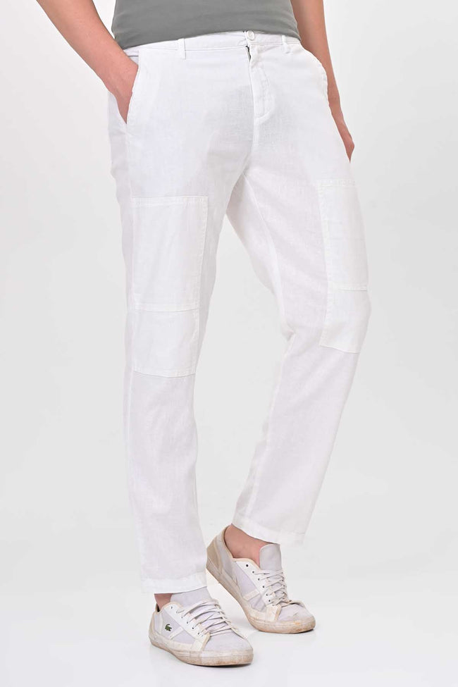 Men Ivory Linen Detailed Trouser White