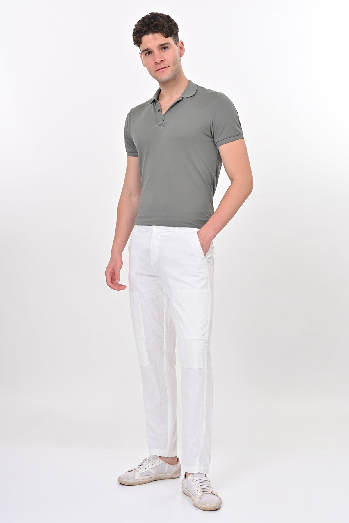 Men Ivory Linen Detailed Trouser White